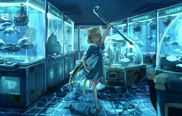 Картинка кошка, девочка, тунец, автоматы с рыбой