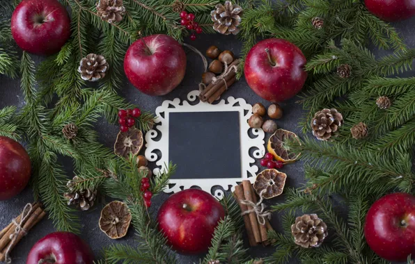 Картинка украшения, яблоки, Рождество, Новый год, christmas, new year, wood, merry, apples, decoration, fir tree, ветки …