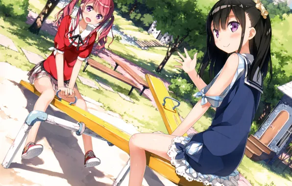 Картинка скамейки, в парке, розовые волосы, подружки, матроска, на качелях, две девочки, летний день, by kantoku