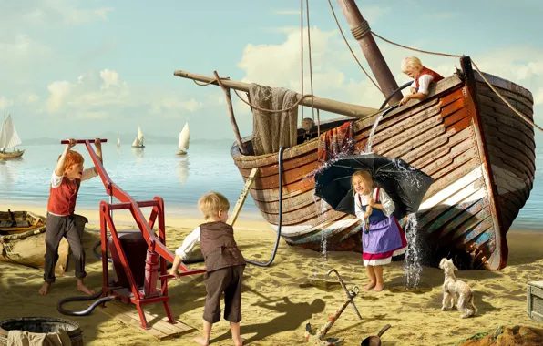 Картинка песок, море, вода, дети, собака, лодки, зонт, девочка, шланг, мальчики, проказники, Дмитрий Усанин