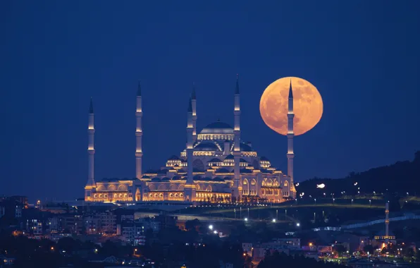 Картинка evening, turkey, mosque, istanbul, supermoon, çamlıca mosque
