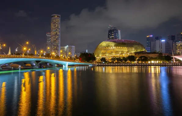 Картинка ночь, мост, огни, река, здания, дома, фонари, Сингапур, Merlion Park