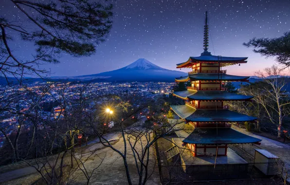 Картинка небо, деревья, пейзаж, ночь, природа, гора, весна, звёзды, вулкан, Япония, освещение, храм, пагода, Фудзияма