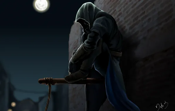 Картинка ночь, луна, ассасин, Assassin's Creed III