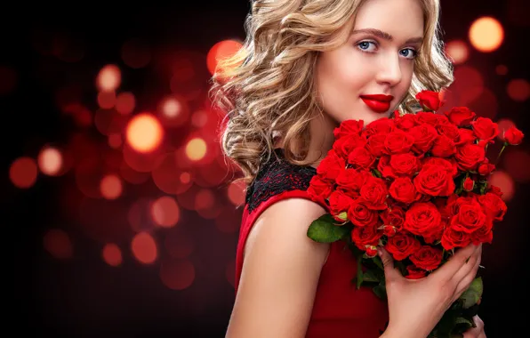 Картинка девушка, фон, портрет, розы, букет, красные, Mykhailo Orlov