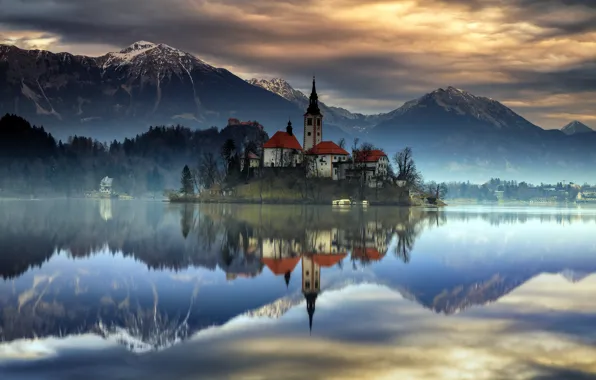 Картинка lake, castle, Slovenia, Bled