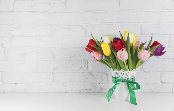 Картинка цветы, букет, лента, тюльпаны, ваза, Colorful, beautiful, tulips