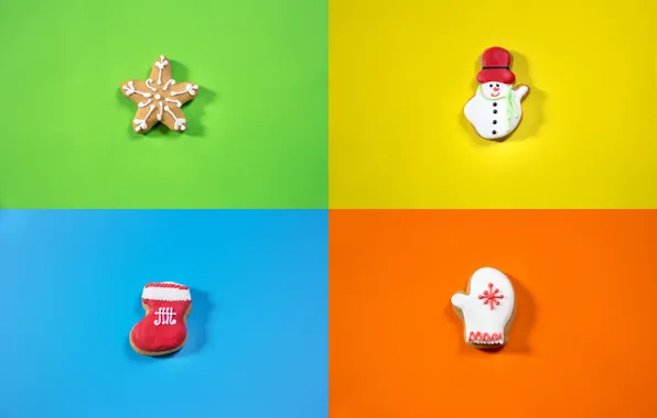 Картинка зима, оранжевый, желтый, зеленый, фон, праздник, голубой, игрушка, звезда, минимализм, носок, печенье, Рождество, Новый год, …