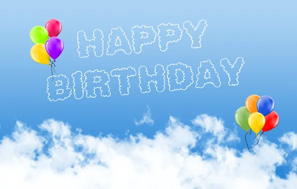 Картинка фото, Облака, Надпись, День рождения, Воздушный шарик