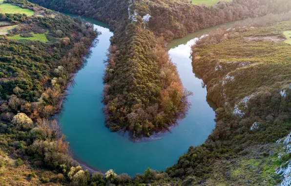 Картинка солнце, деревья, река, холмы, поля, Испания, вид сверху, Asturias, Oviedo