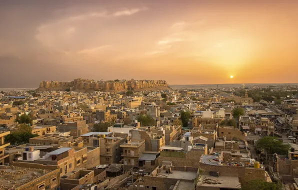 Картинка закат, город, Индия, панорама, India, Jaisalmer