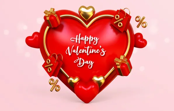 Картинка любовь, романтика, сердце, подарки, сердечки, red, golden, love, happy, romantic, hearts, открытка, 14 февраля, Valentine's …
