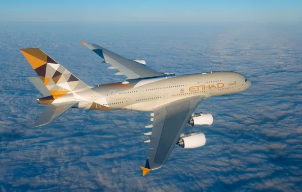 Картинка Облака, A380, Airbus, Etihad Airways, Крыло, Airbus A380, Пассажирский самолёт, Airbus A380-800