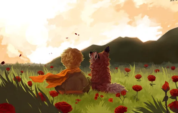Картинка fox, field, landscape, art, flowers, mountains, painting, child