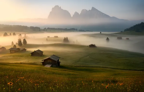 Картинка туман, утро, деревня, Альпы, домики