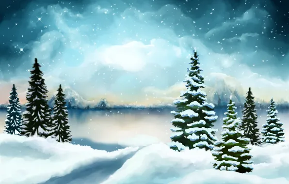 Картинка зима, лес, небо, облака, снег, тучи, берег, графика, ели, Рождество, сугробы, Новый год, снегопад, водоем, …