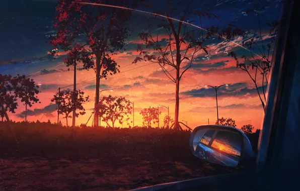 Картинка авто, деревья, закат, by JW