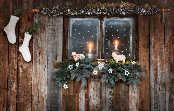 Картинка шарики, ветки, дом, комната, стена, праздник, игрушки, доски, овцы, свечи, окно, Рождество, Новый год, деревянный, …