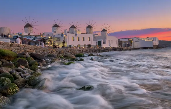 Картинка море, берег, Греция, ветряные мельницы, Миконос