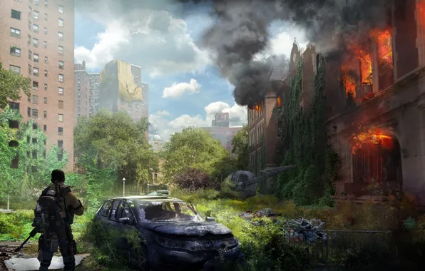 Картинка машина, город, солдат, разруха, руины, Tom Clancy's The Division 2, огнонь