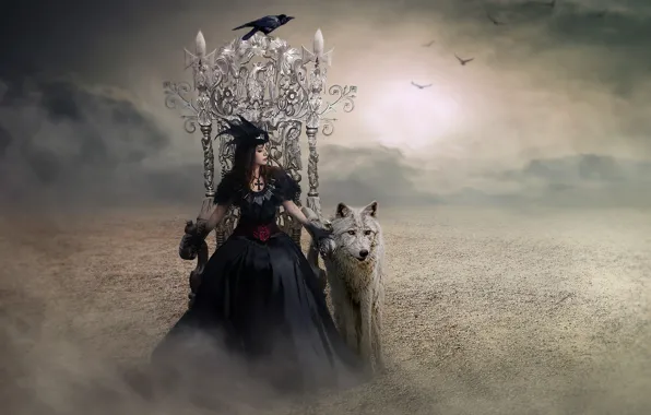 Картинка девушка, волк, черная, ведьма, принцесса, трон, королева, Tracy Lundgren