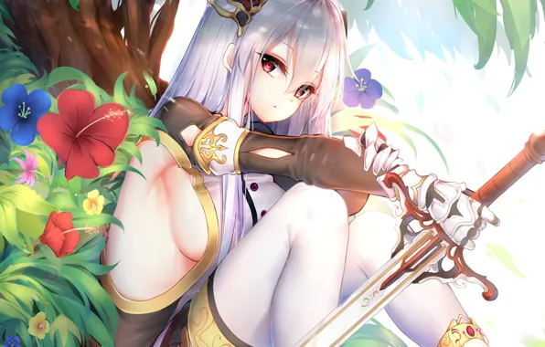Картинка девушка, цветы, меч, арт, chixiao