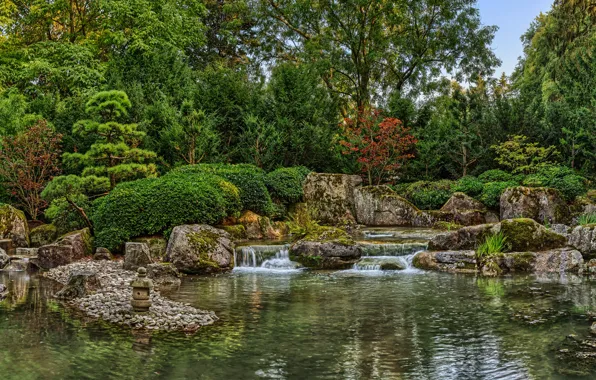 Картинка зелень, деревья, пруд, парк, камни, Германия, кусты, Japanese Garden, Augsburg