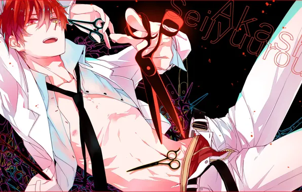 Картинка галстук, парень, art, ножницы, красные волосы, баскетбол Куроко, белая рубашка, Seijuro Akashi, kuroko no basuke, …