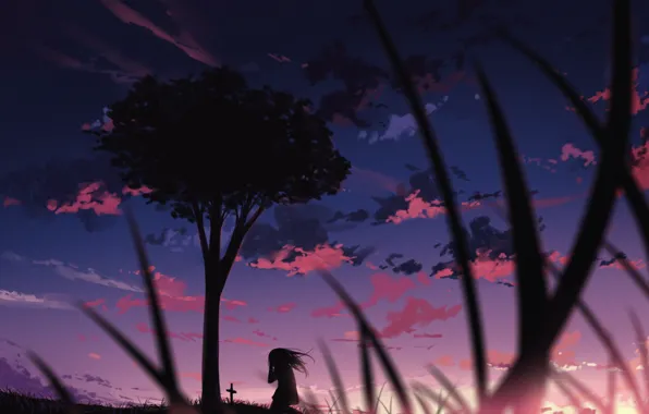 Картинка небо, девушка, деревья, закат, плачет, могила, by arttssam