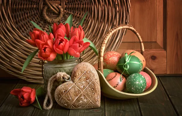 Картинка цветы, яйца, весна, Пасха, тюльпаны, red, love, happy, heart, flowers, tulips, spring, Easter, eggs, decoration