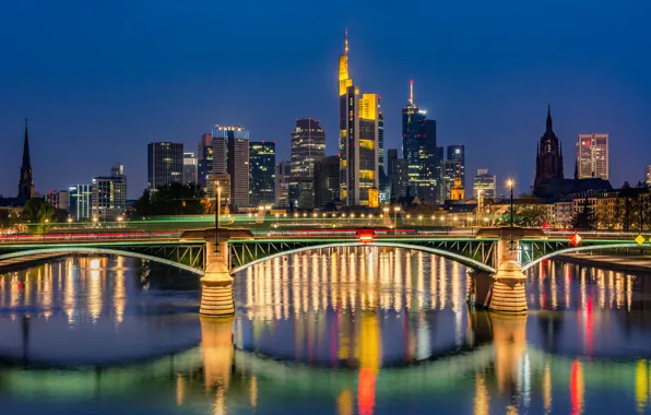 Картинка мост, река, здания, дома, Германия, ночной город, небоскрёбы, Germany, Франкфурт-на-Майне, Frankfurt am Main, Река Майн, …
