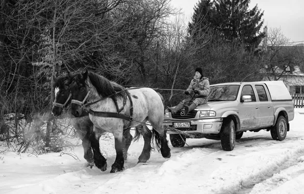 Картинка зима, машина, деревня, лошади, мазда