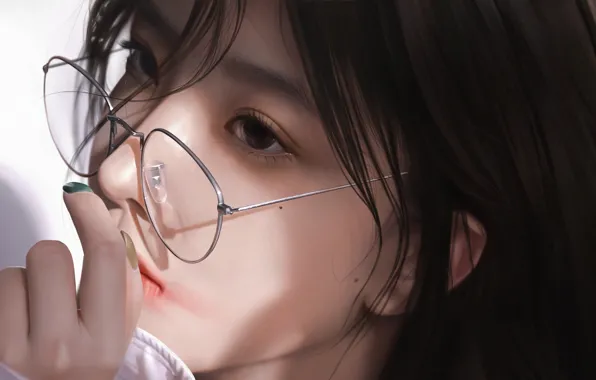 Картинка лицо, рука, очки, азиатка, родинки, портрет девушки, by 3d render