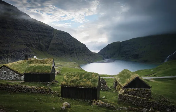 Картинка горы, берег, домики, Исландия, водоем, Фарерские острова, Фареры