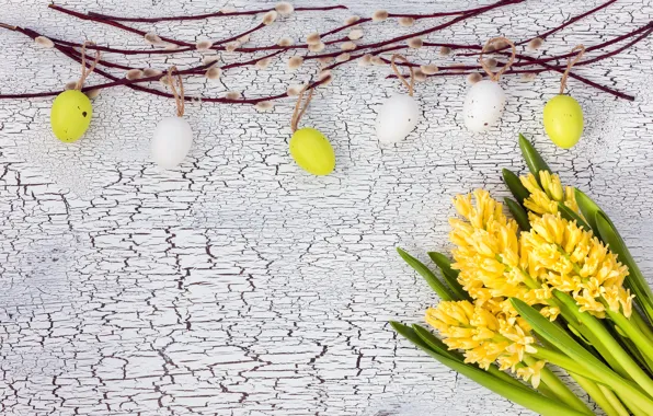 Картинка цветы, яйца, colorful, Пасха, happy, yellow, wood, верба, flowers, Easter, eggs, decoration, hyacinth