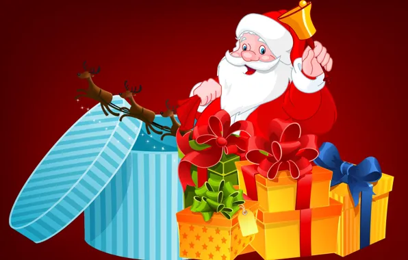 Картинка Рождество, Новый год, Праздник, Олени, Колокольчик, Подарки, Санта-Клаус, Рождественские подарки для детей
