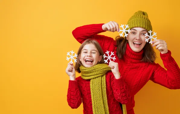 Картинка зима, радость, снежинки, женщина, шарф, девочка, Новый год, Christmas, мама, New Year