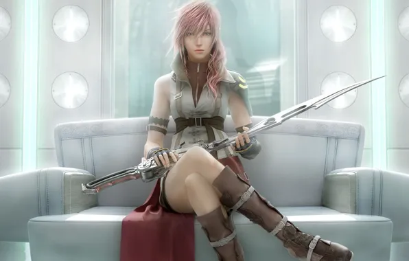 Картинка sword, pink hair, long hair, weapon, woman, lightning, final fantasy, skirt, boots