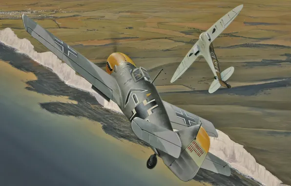Картинка war, art, airplane, aviation, ww2, messerschmitt bf 109, supermarine spitfire