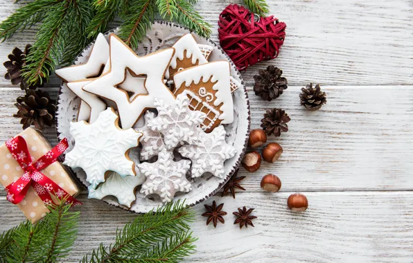 Картинка украшения, Новый Год, Рождество, christmas, wood, merry, cookies, decoration, пряники, gingerbread, fir tree, ветки ели