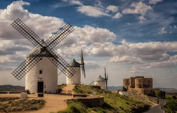 Картинка замок, Испания, ветряная мельница