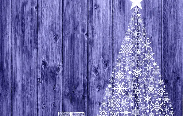 Картинка зима, снежинки, дерево, доски, звезда, текстура, Рождество, подарки, Новый год, ёлка, бант, колокольчики, коробки, новогодняя, …