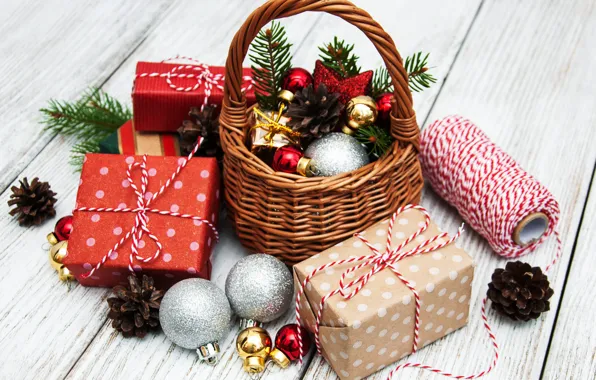 Картинка зима, праздник, игрушки, новый год, подарки, корзинка, Olena Rudo