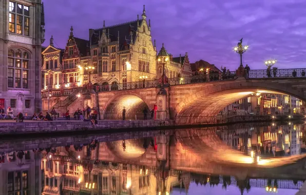 Картинка ночь, мост, огни, Бельгия, Гент