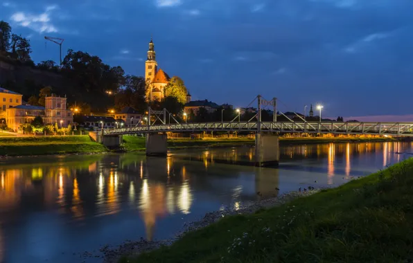 Картинка мост, огни, река, вечер, Зальцбург, АВстрия