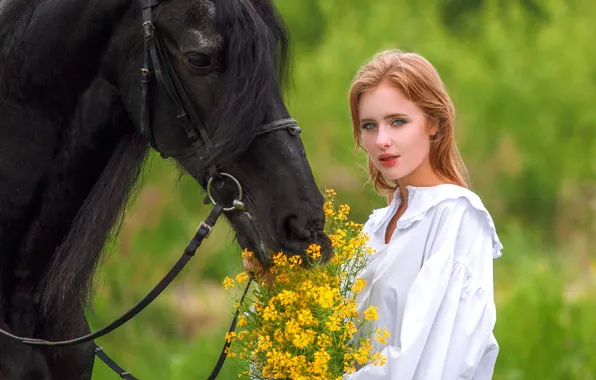 Картинка взгляд, девушка, цветы, лицо, фон, конь, лошадь, Ki Te