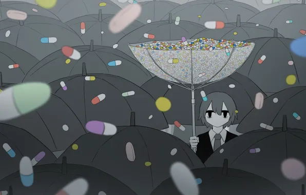 Картинка сюрреализм, зонт, таблетки, парень, by avogado6