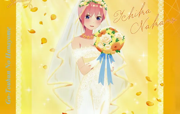 Картинка декольте, невеста, фата, свадебное платье, букет невесты, венок из роз, go-toubun no hanayome, nakano ichika, …