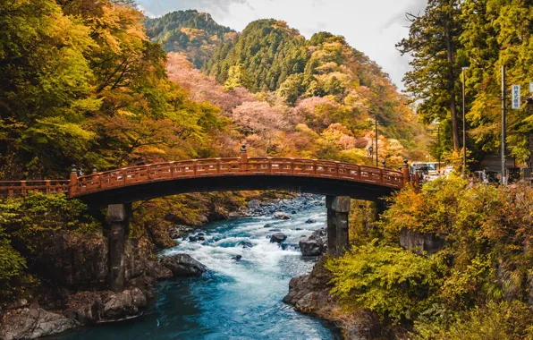Картинка осень, лес, деревья, горы, мост, ручей, камни, Япония, речка, жёлтые, Nikko, Shinkyo Bridge, Daiya River