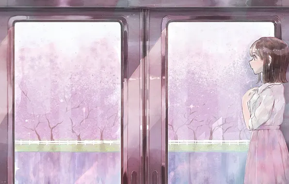 Картинка девушка, поезд, весна, сакура, цветение